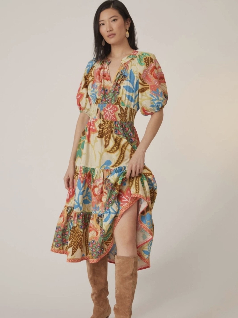 Anthropologie Conditions Apply Multicolor Floral Puff-Sleeve Midi Dress